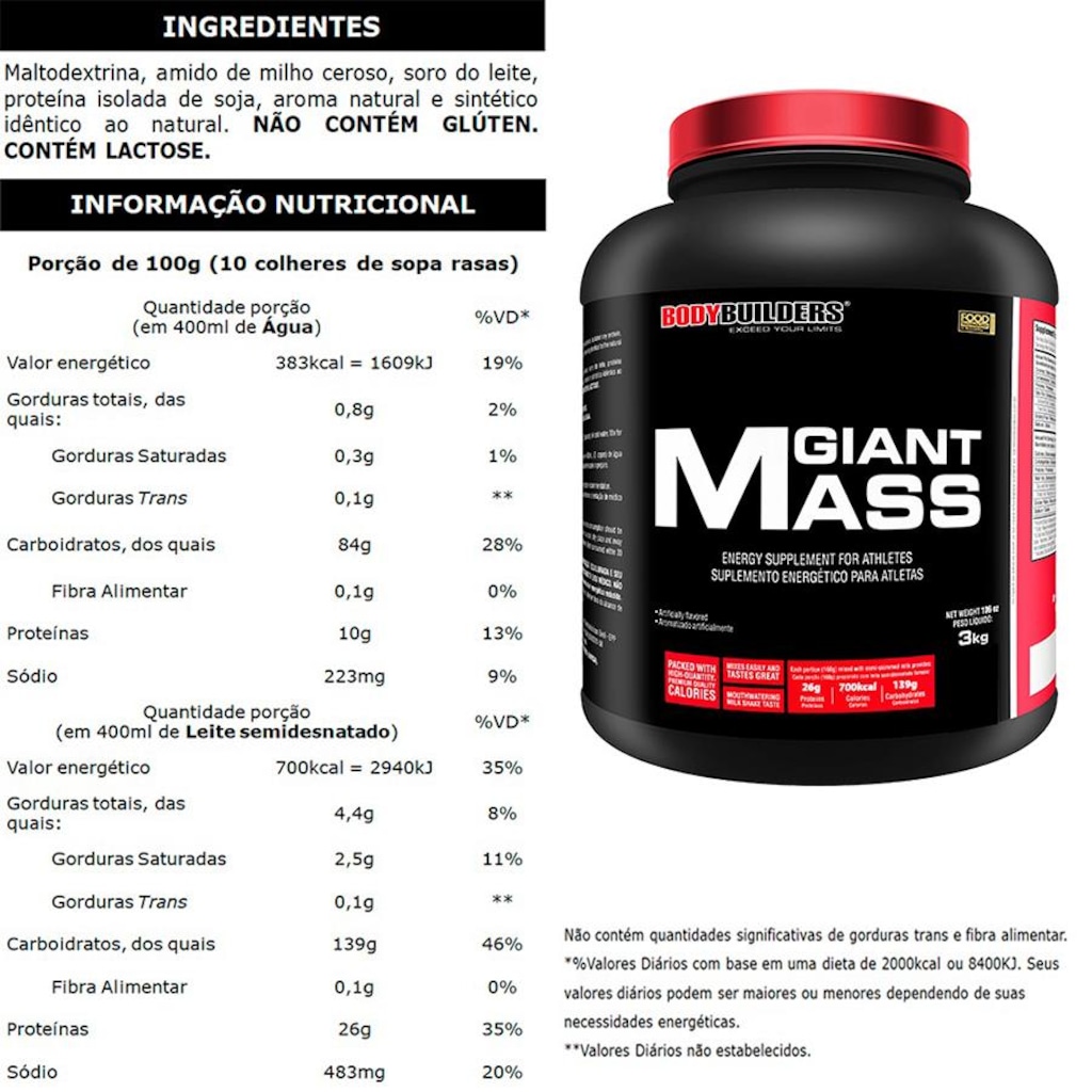 Imagem 2 do produto Kit Giant Mass Bodybuilders - 3kg + Giant Whey + Bcaa 4.5 Powder + Coqueteleira