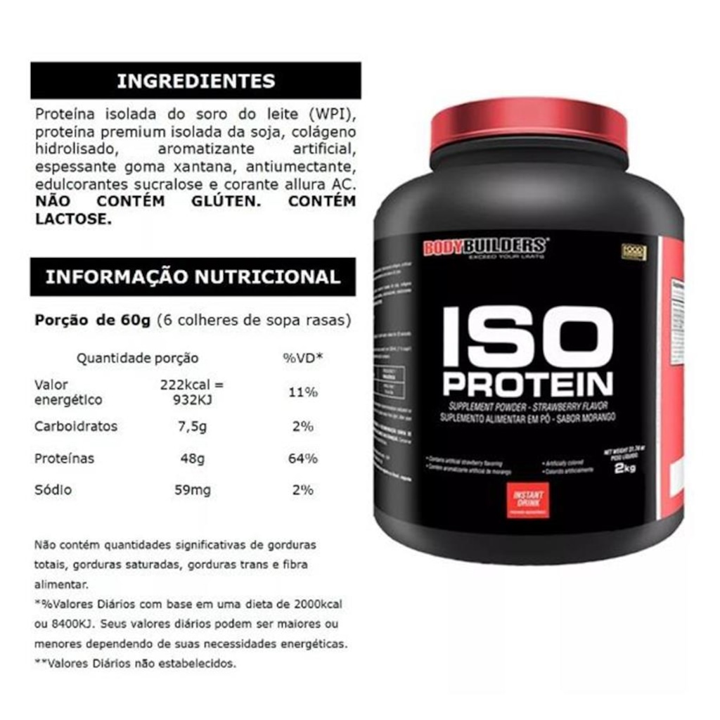 Imagem 2 do produto Whey Protein Isolado Bodybuilders Iso Protein Foods - Morango - 2kg