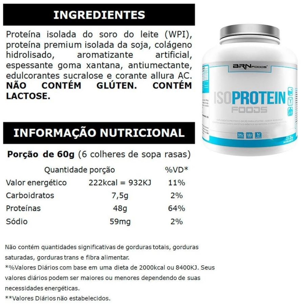 Imagem 2 do produto Whey Protein Isolado BRN Foods Iso Protein - Chocolate - 2kg + Coqueteleira