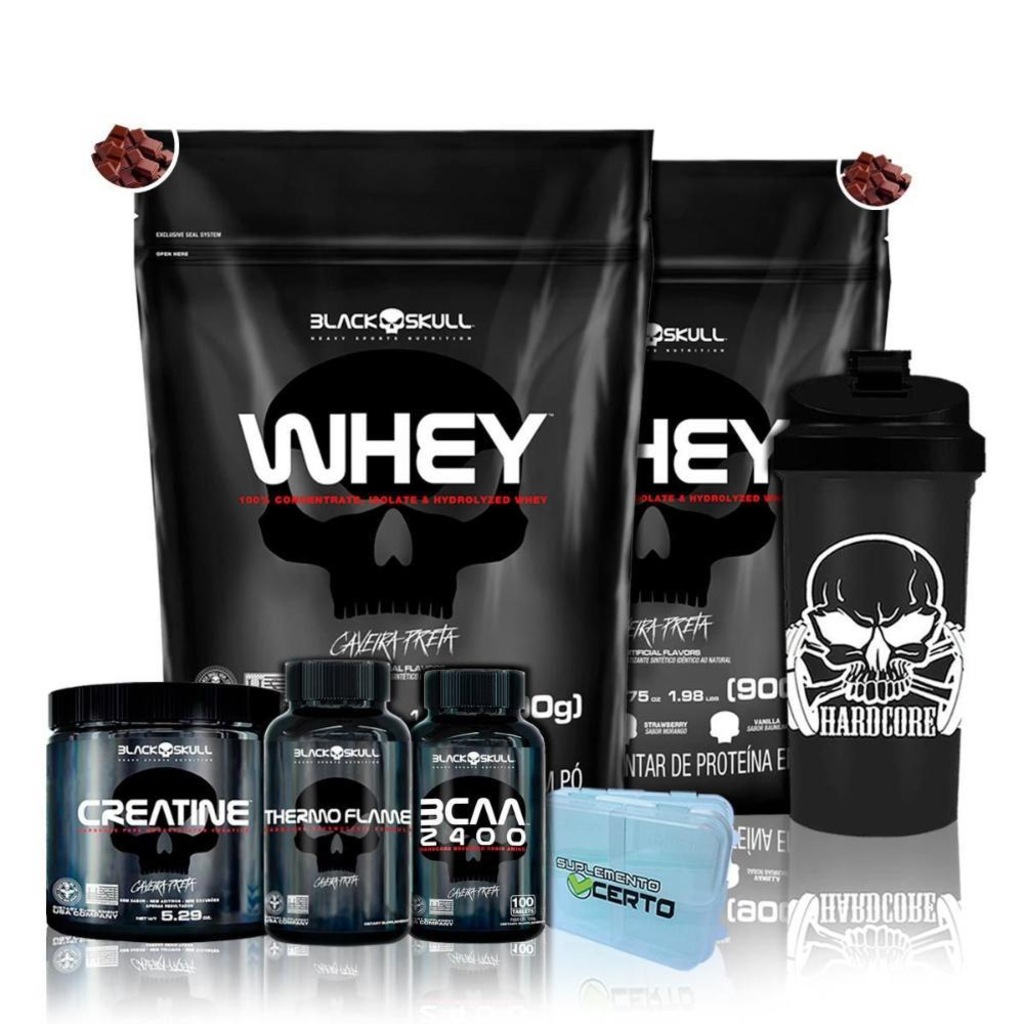 Kit Whey Black Skull - 900g - 2 Unds + BCAA + Creatina + Thermo Flame + Porta Capsulas + Coqueteleir - Foto 1