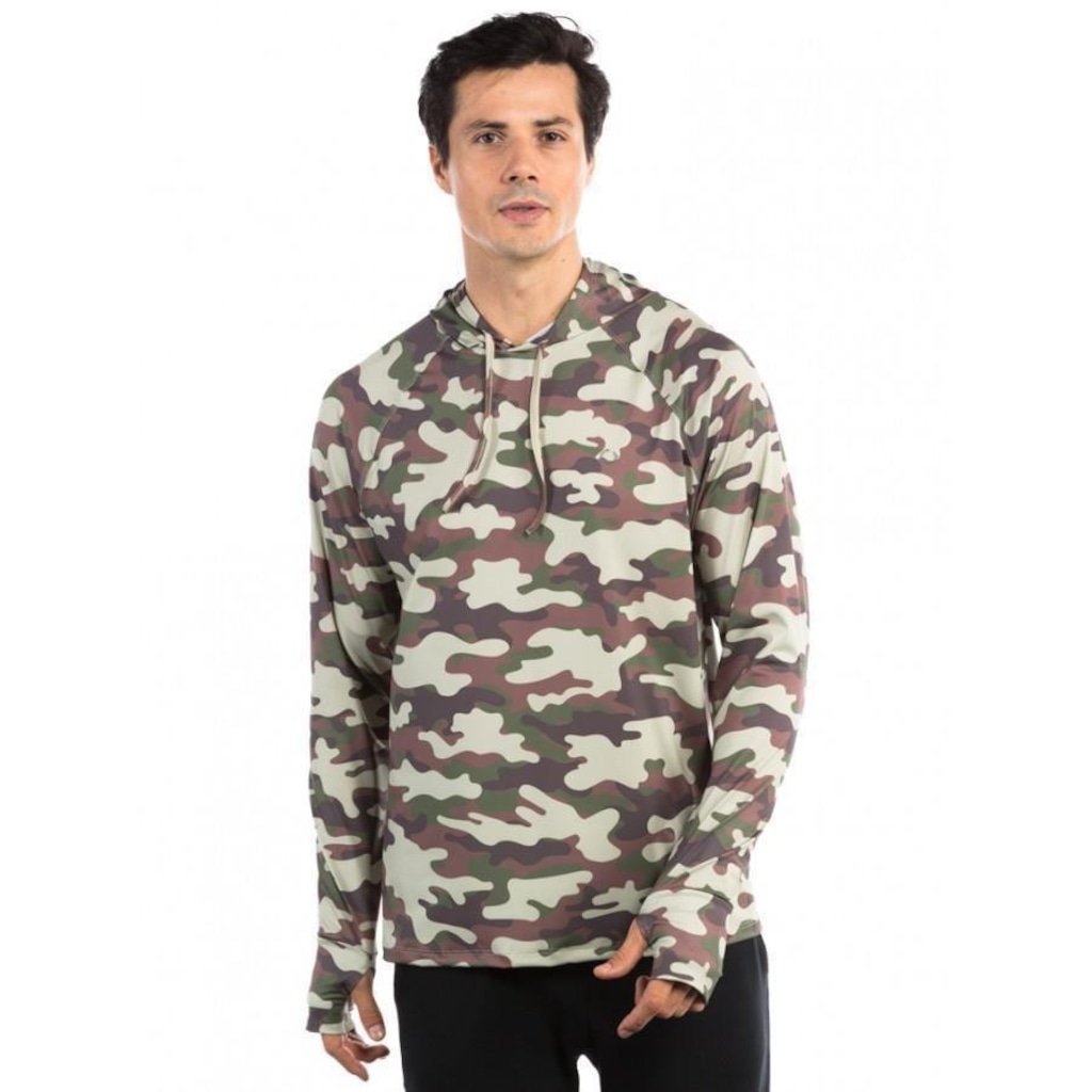 Camiseta Manga Longa UV com Capuz e Encaixe de Dedo Extreme UV Camuflada Militar - Masculina - Foto 3