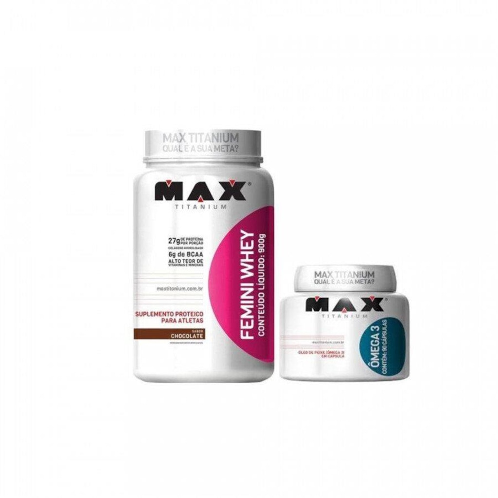 Kit Femini Whey Max Titanium - Morango - 900g + Ômega 3 - 100 Capsulas - Foto 1