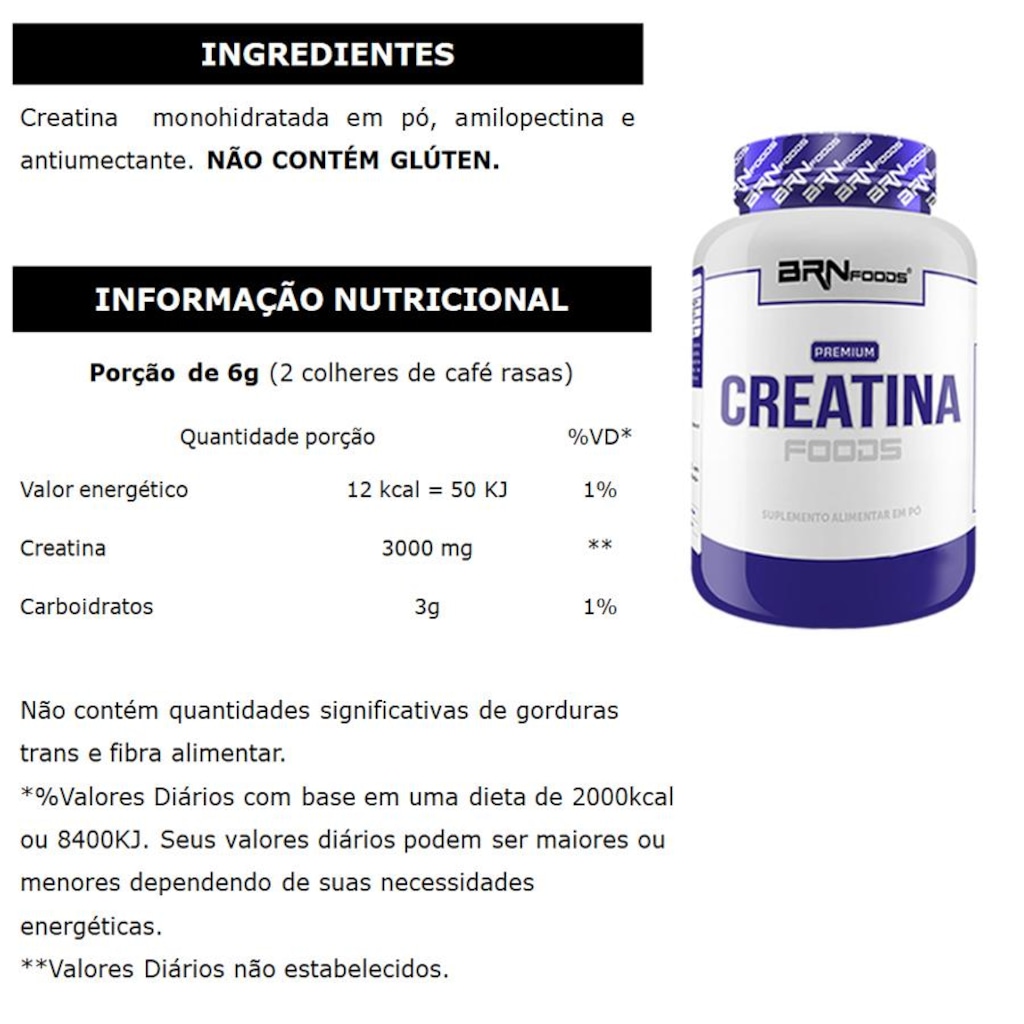Imagem 4 do produto Kit BRN Foods Whey Protein Fusion - Morango 900g + BCAA Fit - 100g + Creatine Foods - 100g