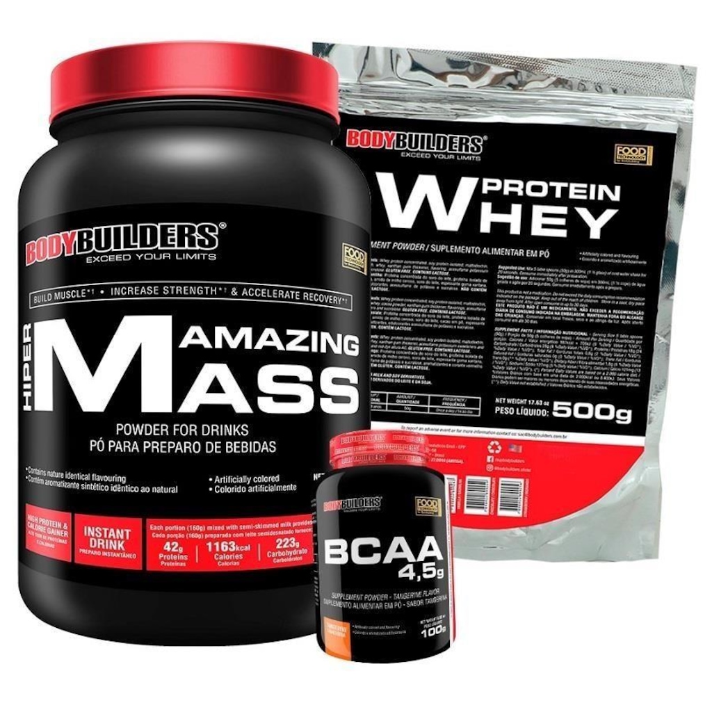 Kit Bodybuilders: Hipercalórico Amazing Mass Chocolate 1,5kg + Whey Protein Chocolate 500g + BCAA 100g