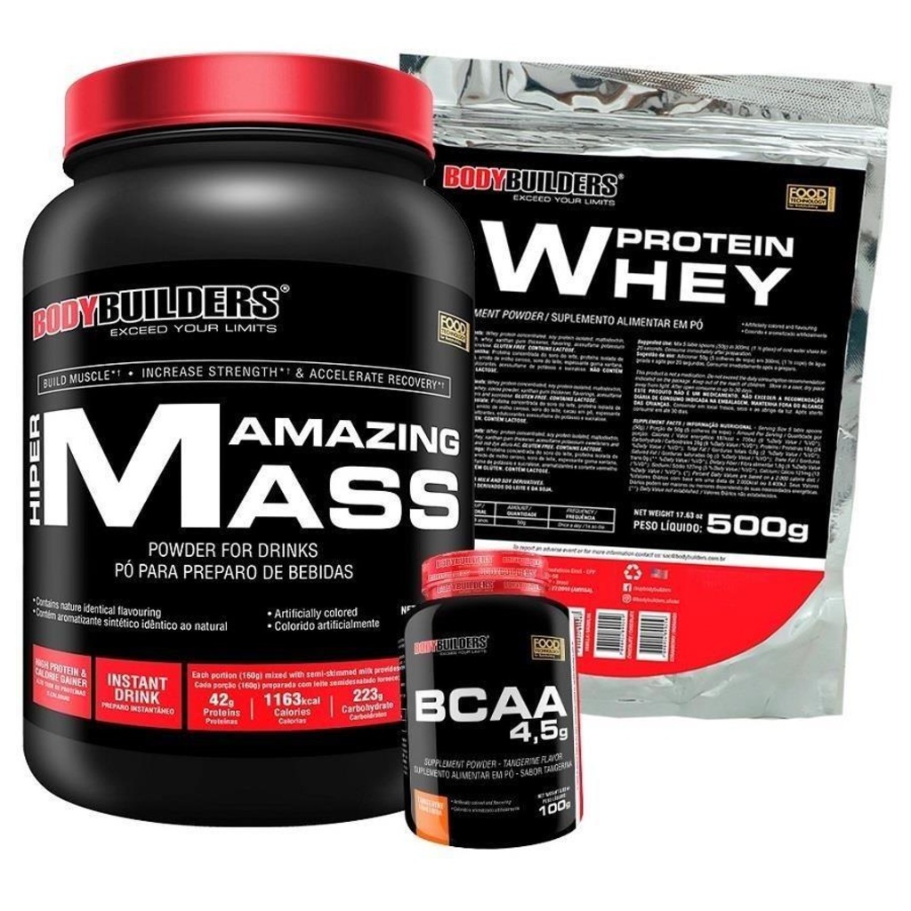 Kit Bodybuilders: Amazing Mass - Morango - 1,5kg + Whey Protein - Morango - 500g + BCAA - Tangerina - 100g