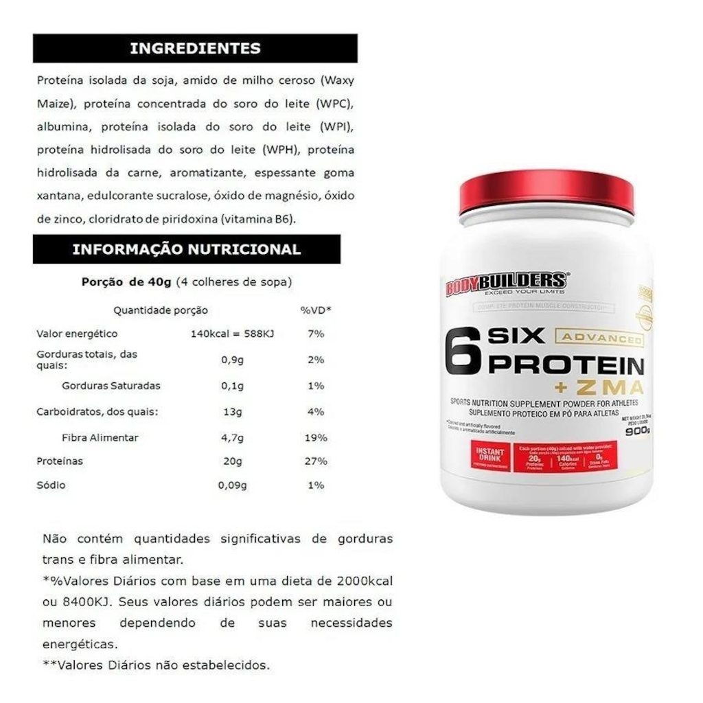 Imagem 2 do produto 6 Six Protein Advanced Bodybuilders com ZMA - Chocolate - 900g
