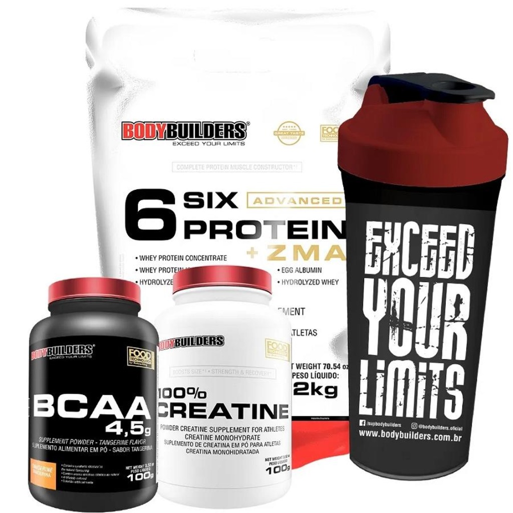 Kit Six Protein Advanced Bodybuilders Baunilha - 2kg + BCAA - 100g + Creatina - 100g + Coqueteleira