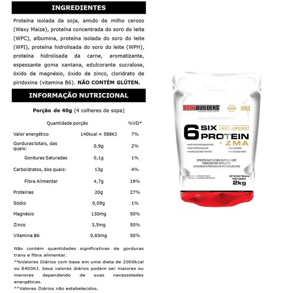 Imagem 2 do produto Kit Six Protein Advanced Bodybuilders - Morango - 2kg + BCAA 100g + Creatina - 100g + Coqueteleira