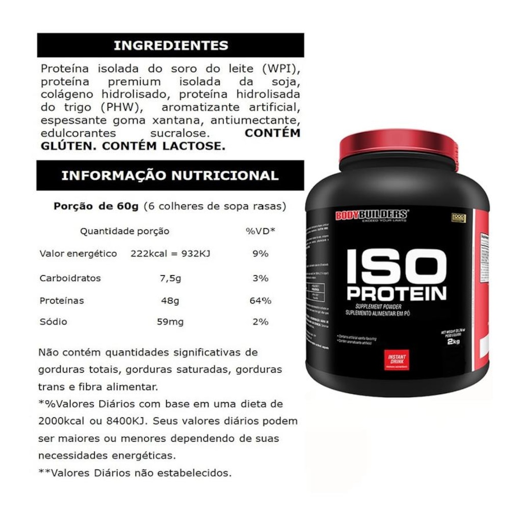 Imagem 2 do produto Kit 2x Iso Protein BodyBuilders - Morango - 2kg + Creatina - 300g  + Big Size Mass Foods BRN Foods - Morango 6kg