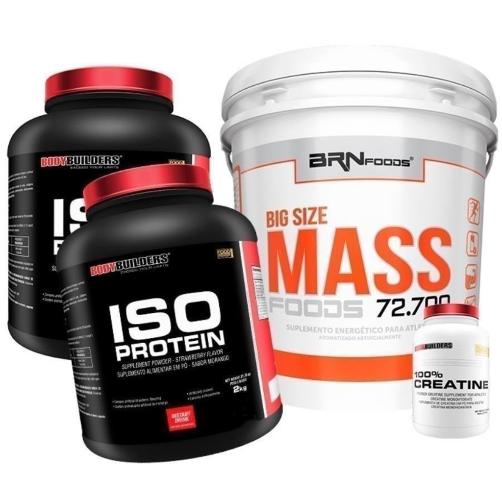 Kit 2x Iso Protein BodyBuilders - Chocolate - 2kg + Creatina - 300g + Big Size Mass Foods BRN Foods - Chocolate - 6Kg