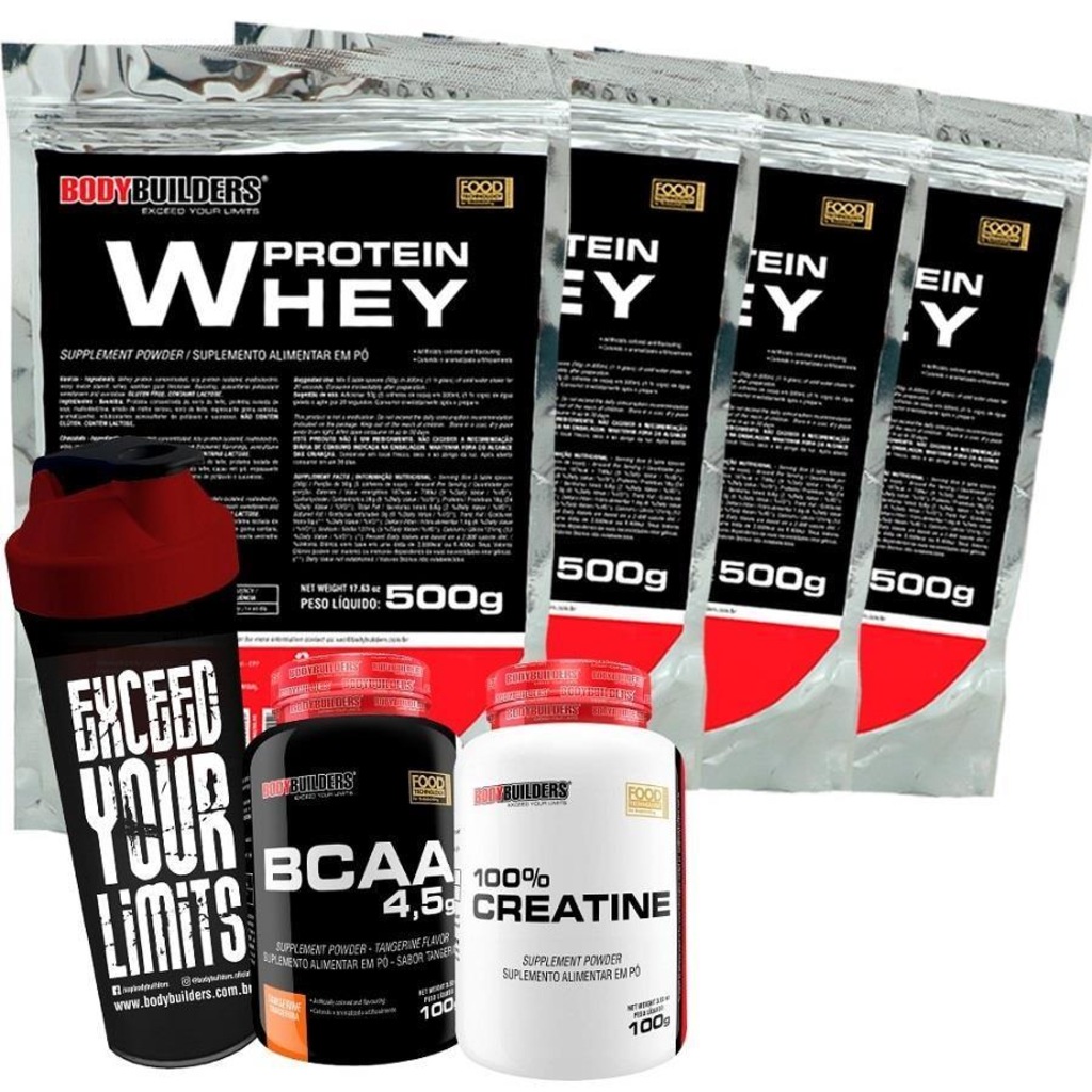 kit 4 Whey protein Bodybuilders - Baunilha - 500g + Bcaa + Creatina + Coqueteleira