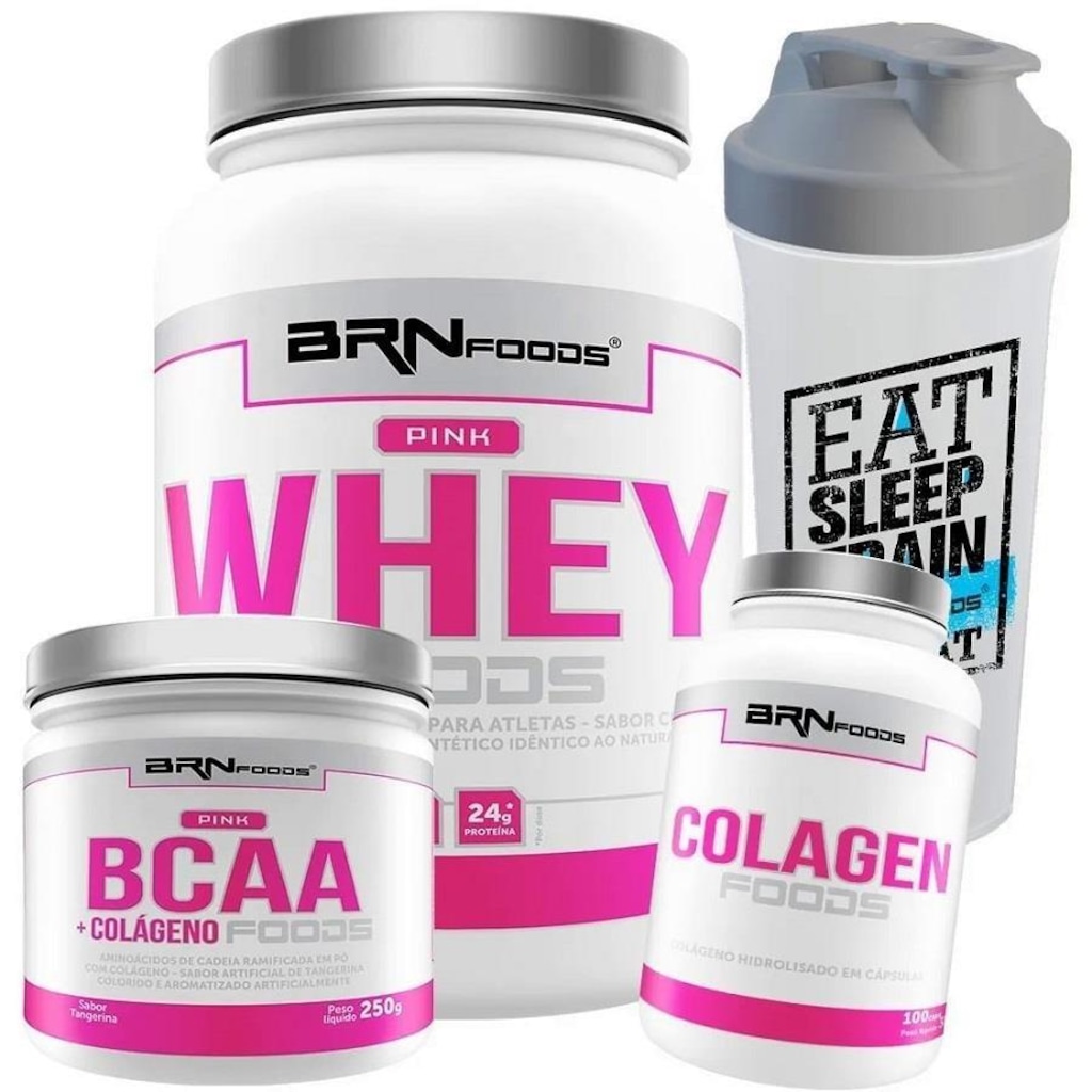 Kit Pink Whey BRN Foods - Baunilha - 900g + Pink BCAA - Tangerina + Colágeno + Coqueteleira
