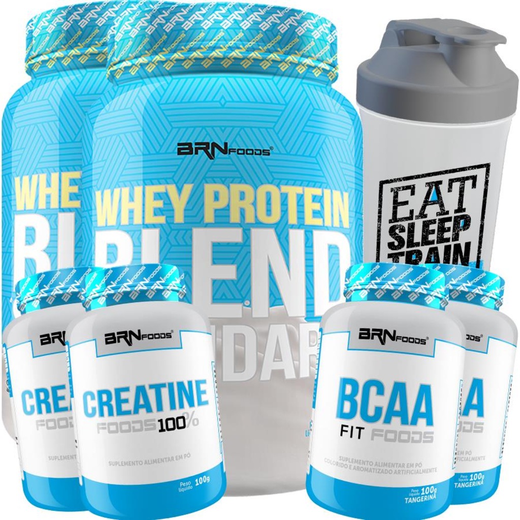 Kit 2x Whey Protein BRN Foods Blend Standard - Morango - 900g + 2x Creatina - 100g + 2x Bcaa + Coqueteleira