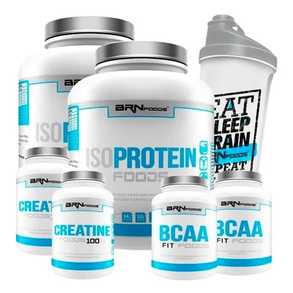Kit 2x Iso Protein BRN Foods - Chocolate - 2kg + 2x BCAA - 100g + 2x Creatina - 100g + Coqueteleira