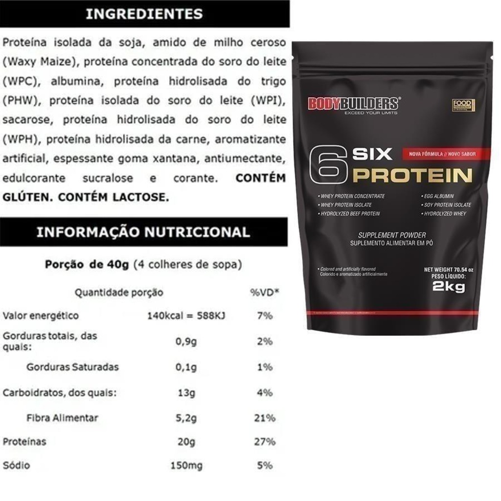 Imagem 2 do produto Kit Six Protein Bodybuilders - Morango - 2Kg - 3 unidades + Coqueteleira