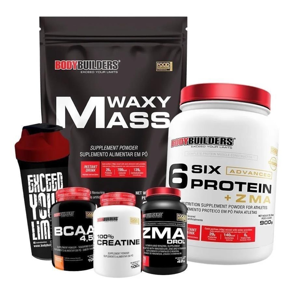 Kit Waxy Mass Bodybuilders - Baunilha - 3kg + Six Pote - Baunilha - 900g + ZMA + BCAA - 100g + Coqueteleira