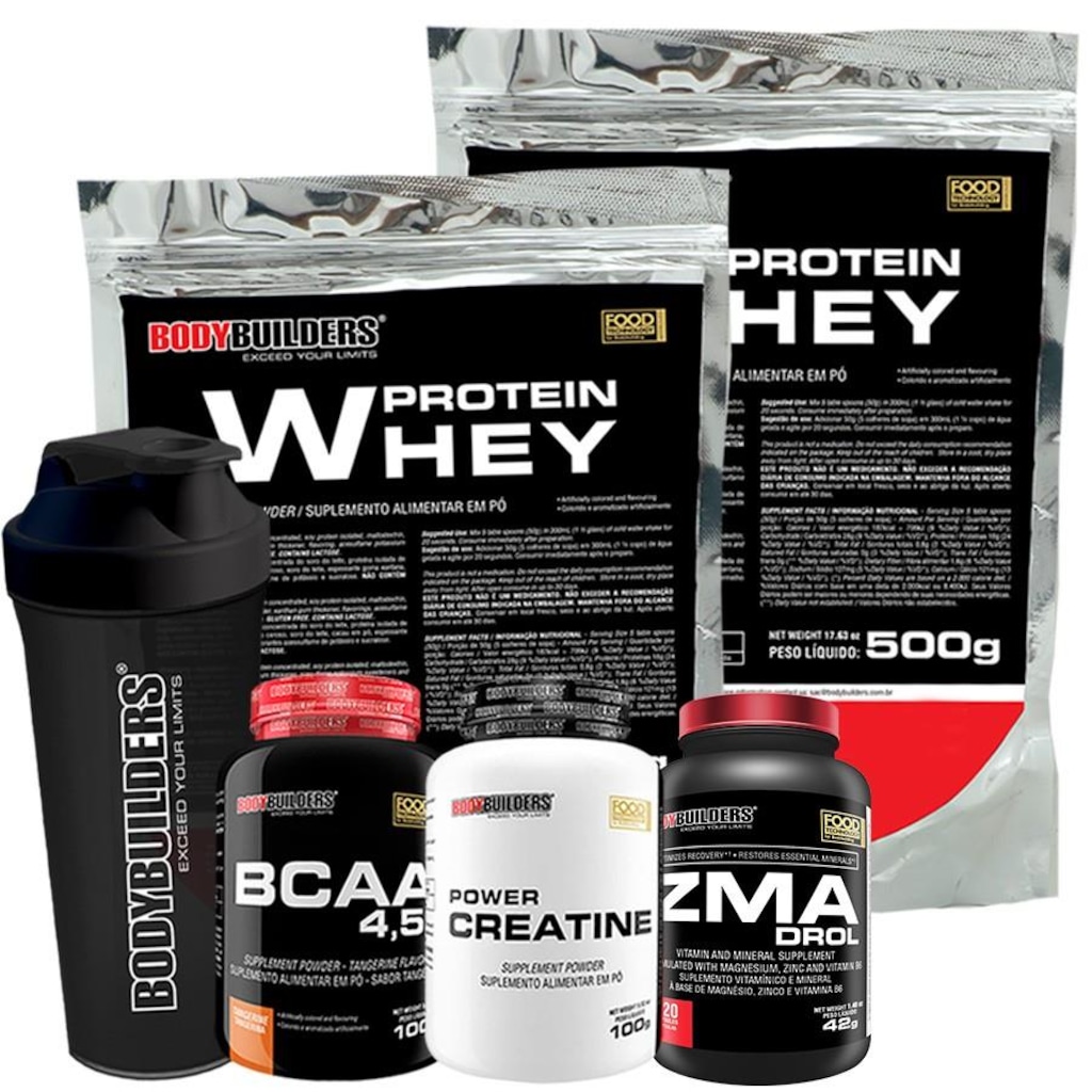 Kit  Bodybuilders 2x Whey Protein Morango - 500g + Creatina 100g + BCAA 100g + ZMA + Coqueteleira