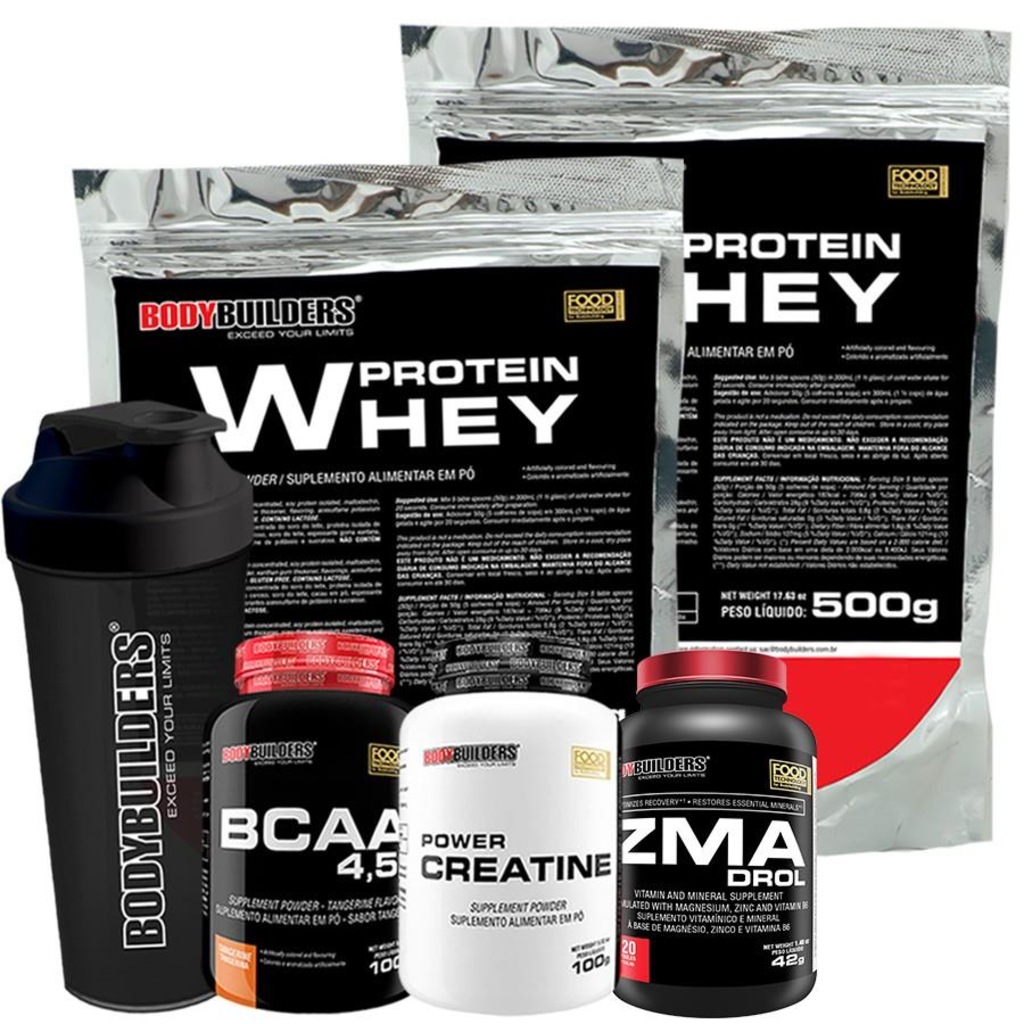 Kit Bodybuilders 2x Whey Protein Baunilha - 500g + Creatina 100g + BCAA 100g + ZMA + Coqueteleira