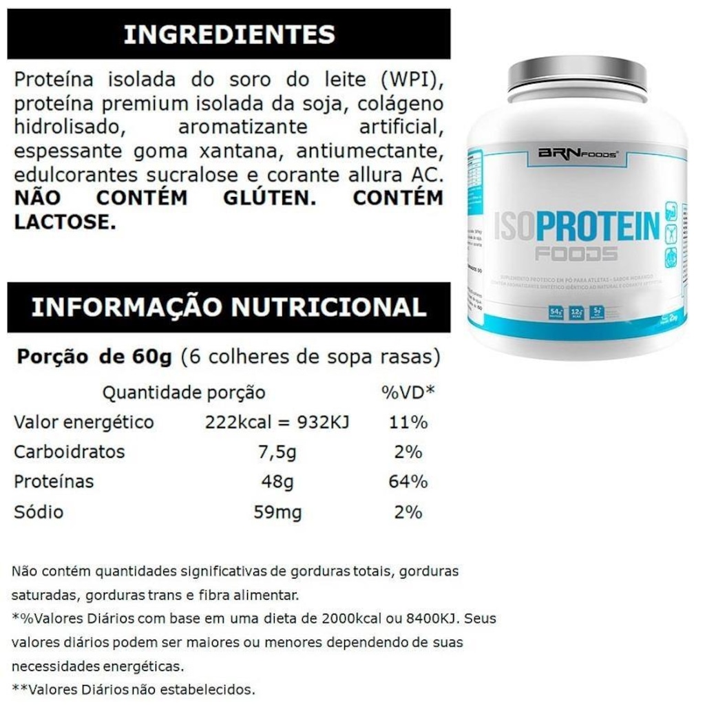Imagem 2 do produto Kit Iso Protein BRN Foods - Chocolate - 2kg + Iso Protein Baunilha - 2kg