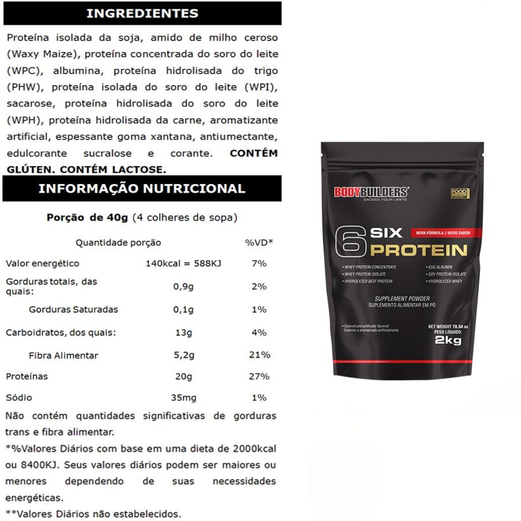 Imagem 2 do produto Kit Six Protein Bodybuilders - Baunilha - 2Kg - 2 unidades + Creatina 100g + Coqueteleira