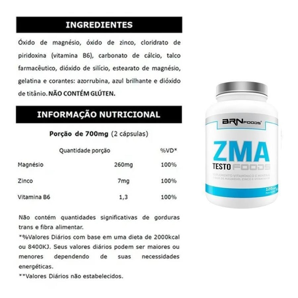 Imagem 2 do produto Kit 2x ZMA Testo BRN Foods - 120 caps