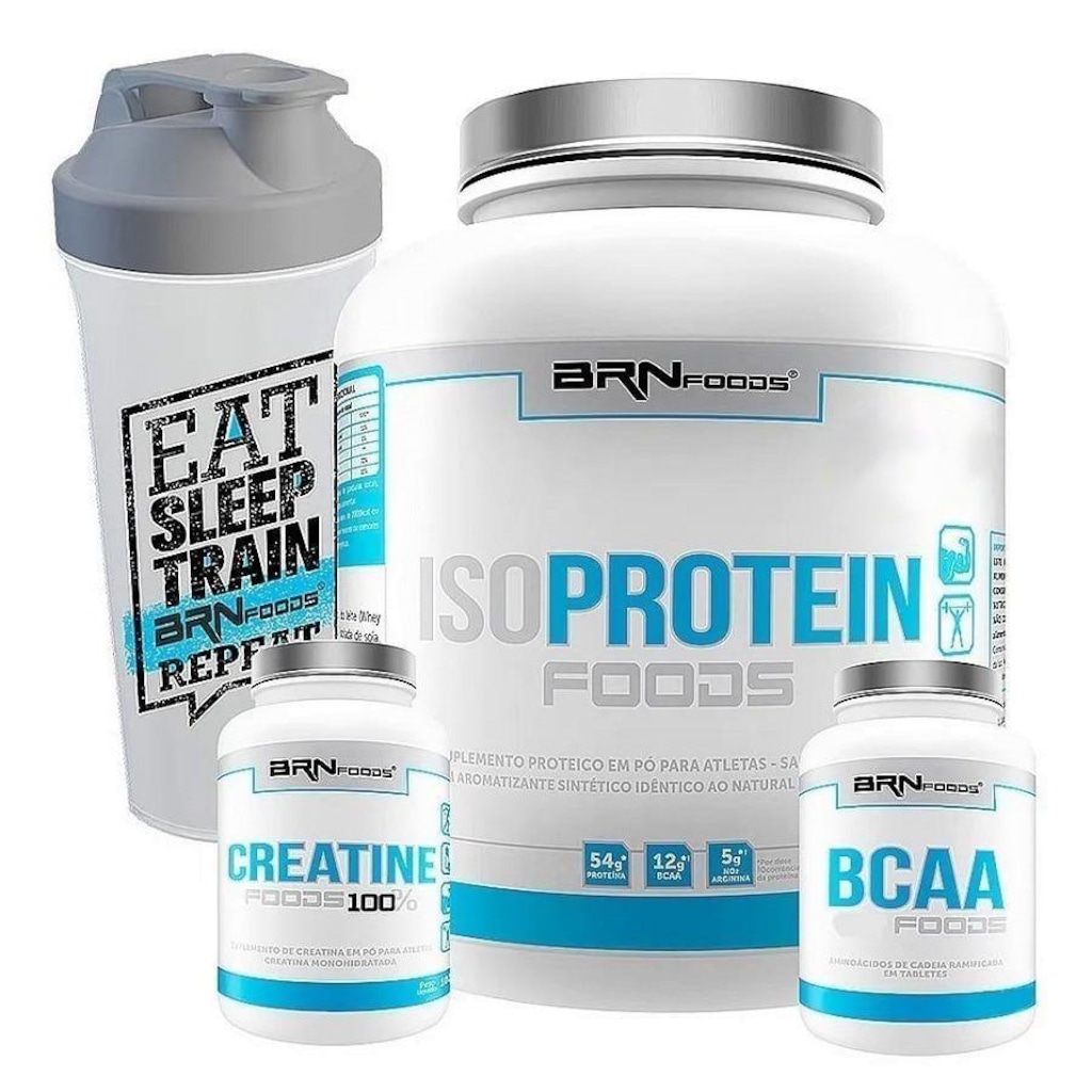 Kit Whey Protein Isolado BRN Foods Baunilha - 2kg + BCAA 100g + Creatina 100g + Coqueteleira