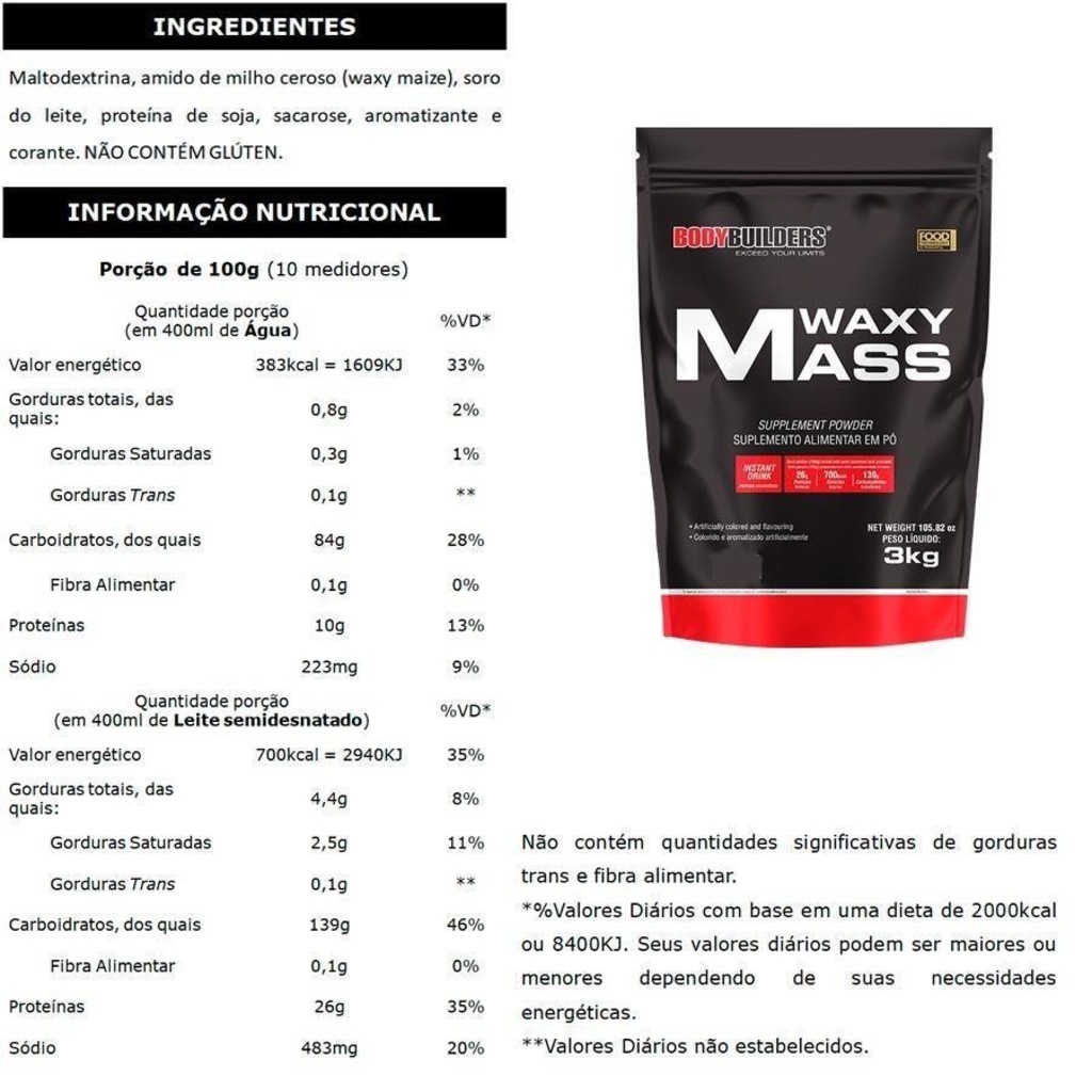 Imagem 2 do produto Kit Waxy Mass Bodybuilders - Morango - 3kg - 4 Unidades