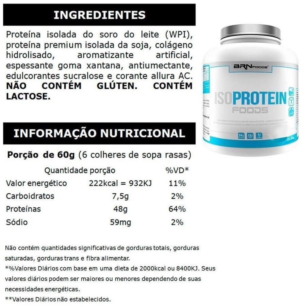 Imagem 2 do produto Kit Whey Protein Isolado BRN Foods Baunilha - 2kg + Glutamina 250g