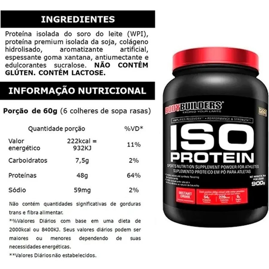 Imagem 2 do produto Kit 2x Whey Protein Isolado  Bodybuilders Baunilha e Morango -900g + 2x BCAA 100g + 2x Creatina 100g + Coqueteleira