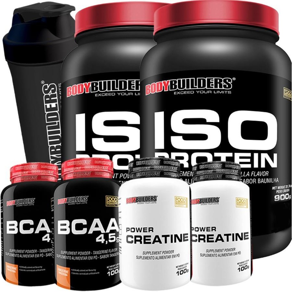 Kit 2x Whey Protein Isolado Bodybuilders  900g Morango e Chocolate - 900g + 2x BCAA 100g + 2x Creatina 100g + Coqueteleira