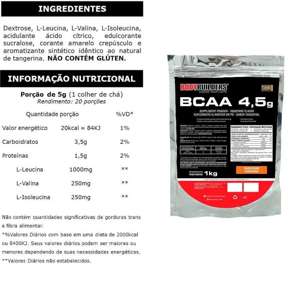 Imagem 2 do produto Bcaa 4,5g Bodybuilders Tangerina - 1kg