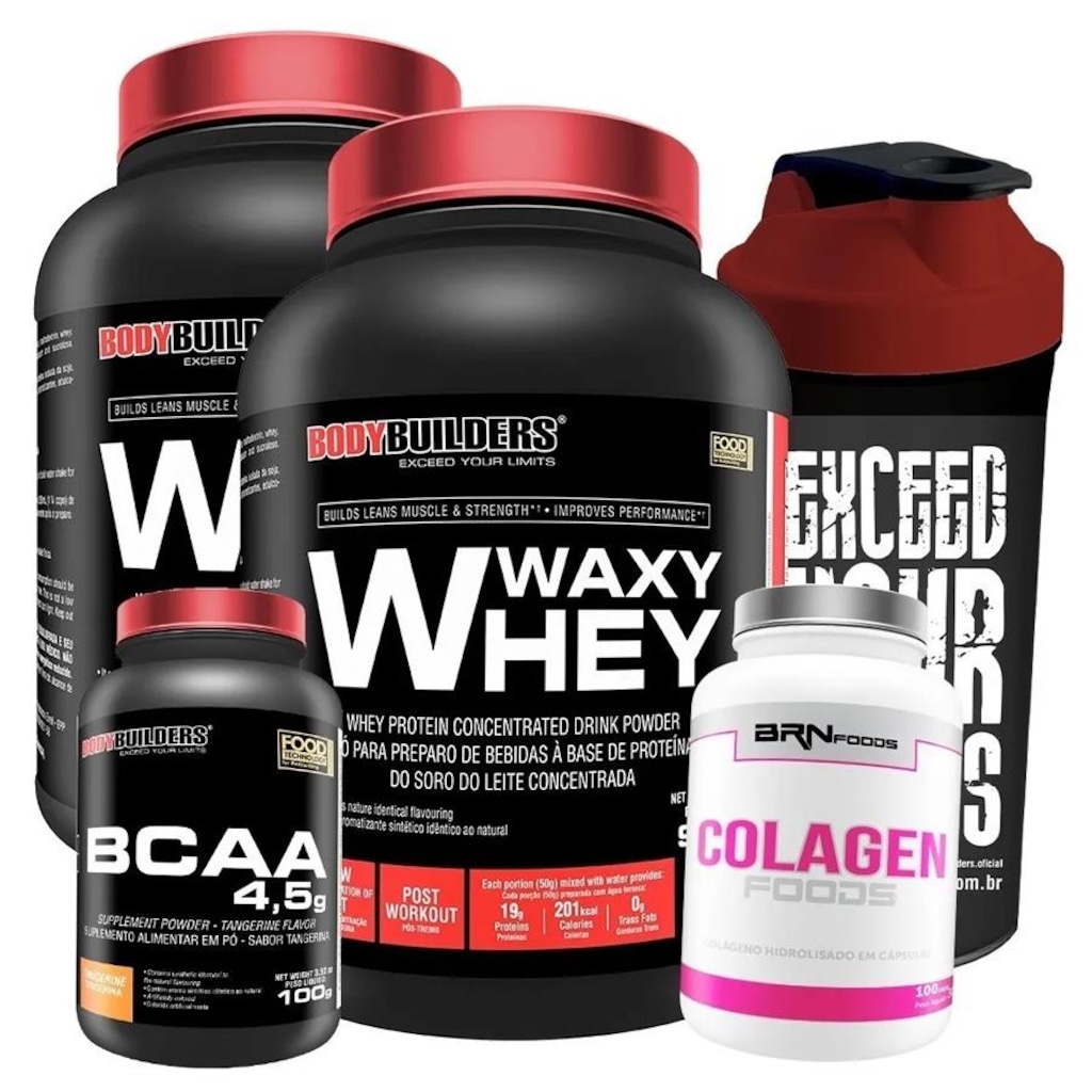 Kit 2x Waxy Whey Bau 900g + BCAA 100g Tang + Colageno Foods 100caps + Coqueteleira - Bodybuilders