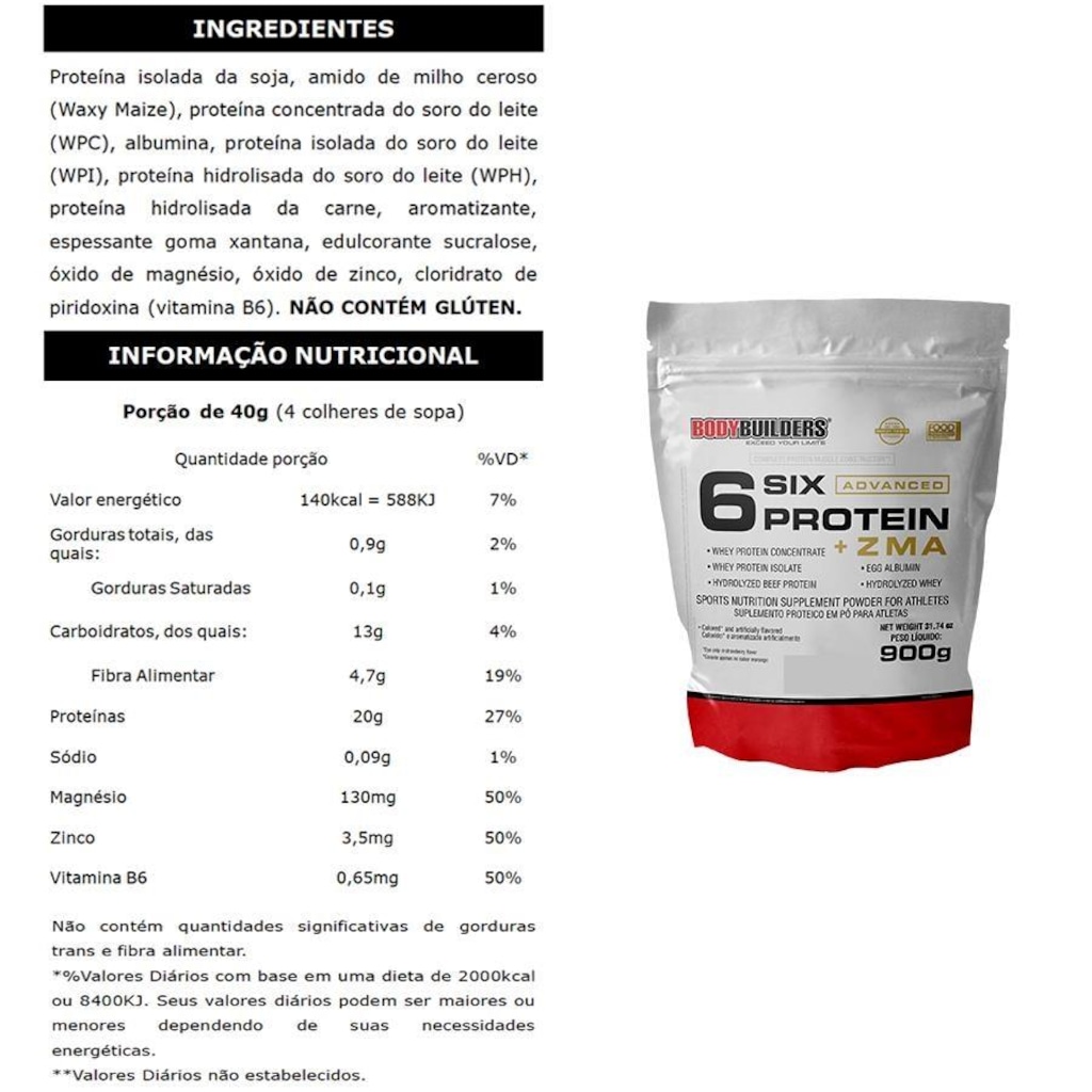 Imagem 2 do produto Kit 6x Six Advanced com ZMA Choc 2kg - Bodybuilders
