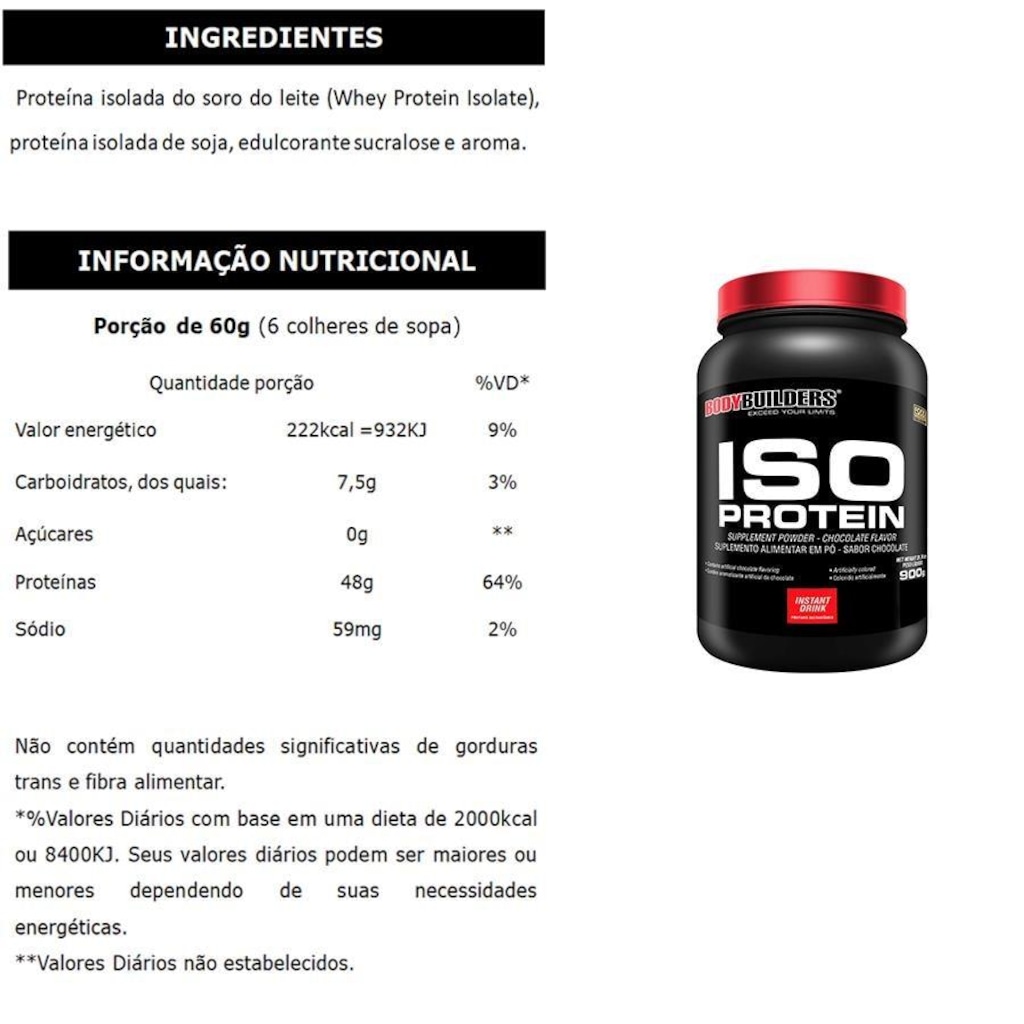 Imagem 2 do produto Kit 2x Iso Protein Choc 900g + 2x Creatina 100g + 2x BCAA 100g Tang + Coqueteleira - Bodybuilders
