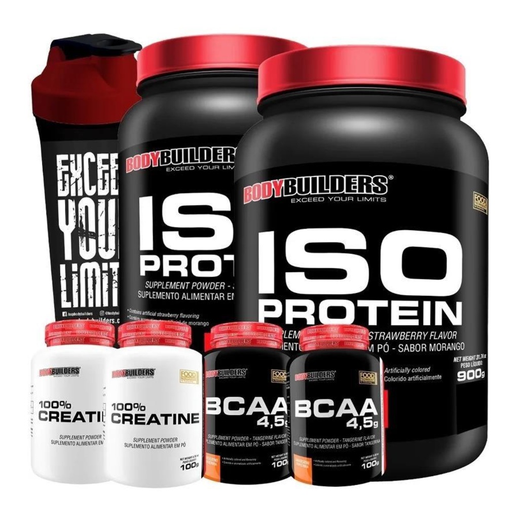 Kit 2x Iso Protein Choc 900g + 2x Creatina 100g + 2x BCAA 100g Tang + Coqueteleira - Bodybuilders