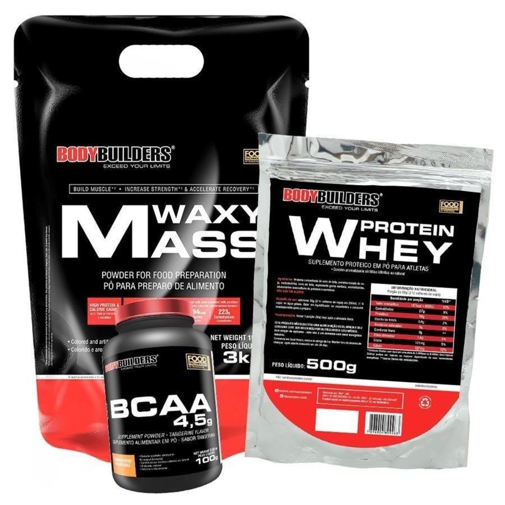 Kit Bodybuilders Waxy Mass Baunilha 3kg + Whey Protein Baunilha 500g +  BCAA 100g