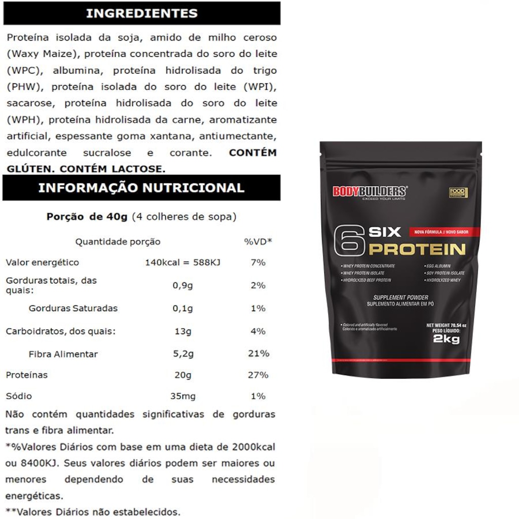 Imagem 2 do produto Kit Six Protein Bodybuilders - Chocolate - 2kg + Six Protein - Morango - 2kg + Creatina - 100g + Coqueteleira