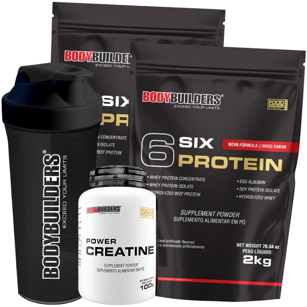 Kit Six Protein Bodybuilders - Chocolate - 2kg + Six Protein - Morango - 2kg + Creatina - 100g + Coqueteleira