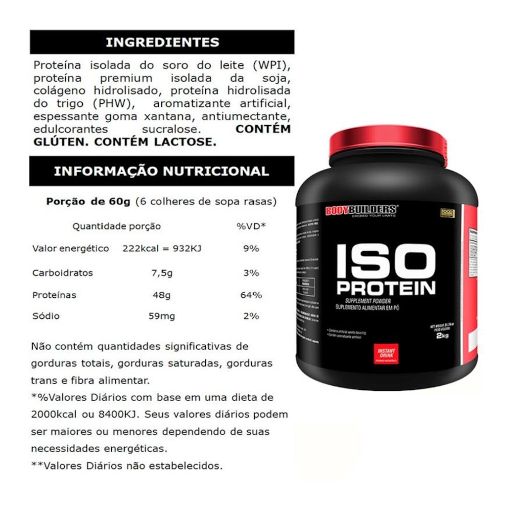 Imagem 2 do produto Kit Bodybuilders Whey Protein Isolado Baunilha 2kg + BCAA 250g + Creatina 300g + Coqueteleira