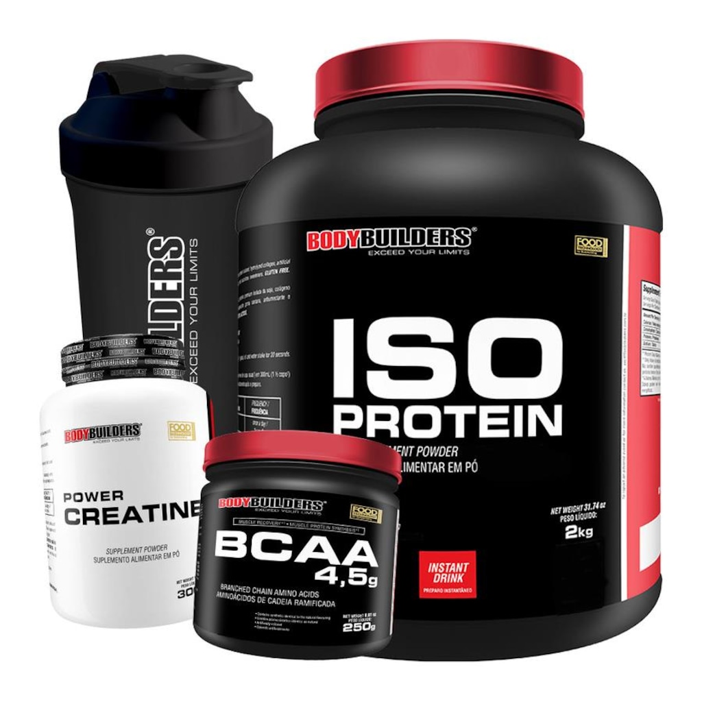 Kit Bodybuilders Whey Protein Isolado Morango 2kg + BCAA 250g + Creatina 300g + Coqueteleira