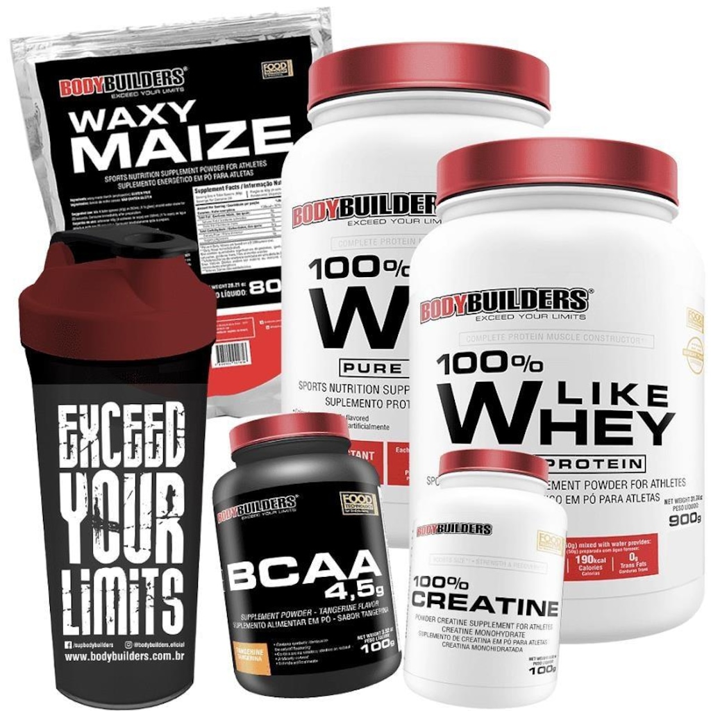 Kit 2x 100% Like Whey Protein Morango 900g + Waxy Maize + BCAA + Creatina + Shaker - Bodybuilders