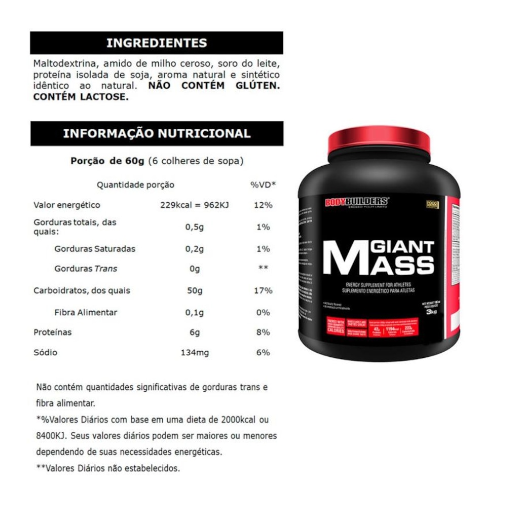 Imagem 2 do produto Kit Hipercalórico Giant Mass Morango 3kg + Creatina 300g + Coqueteleira - Bodybuilders