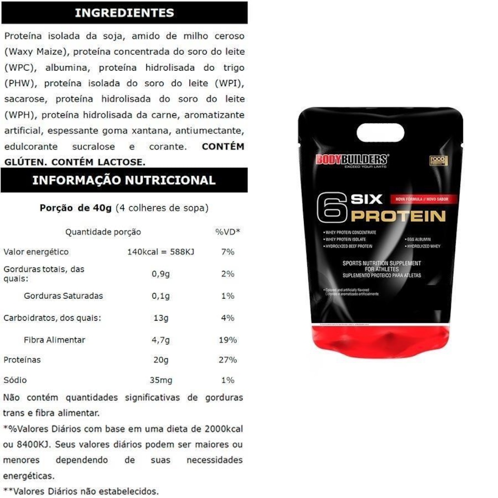 Imagem 2 do produto Kit Whey Six Protein Chocolate 2kg + BCAA 100g + Creatina 100g + Coqueteleira - Bodybuilders