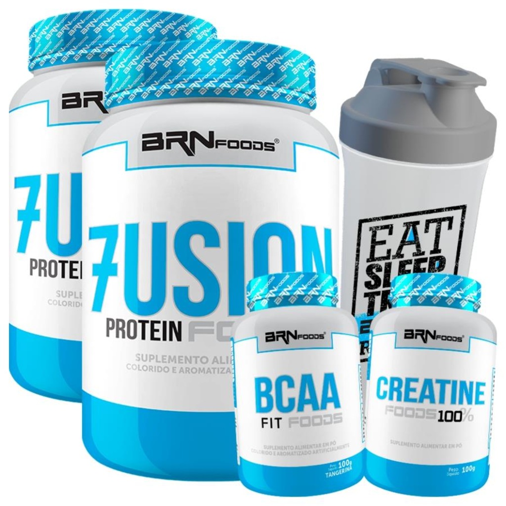 Kit BRN Foods 2x Whey Protein Fusion 900g Baunilha + BCAA 100g + Creatina 100g + Coqueteleira