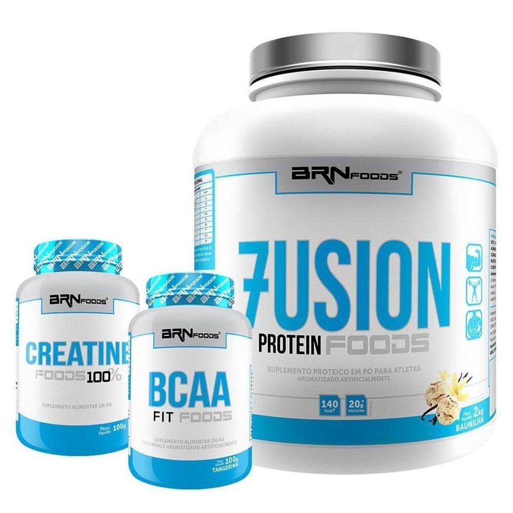 Kit BRN Foods Whey Protein Fusion 2kg Baunilha  + BCAA 100g + Creatina 100g