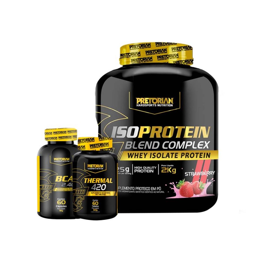Kit Iso Protein Blend Complex Morango 2kg + BCAA 2400 60 Cáps + Thermal 60 Tabs Pretorian - Foto 1