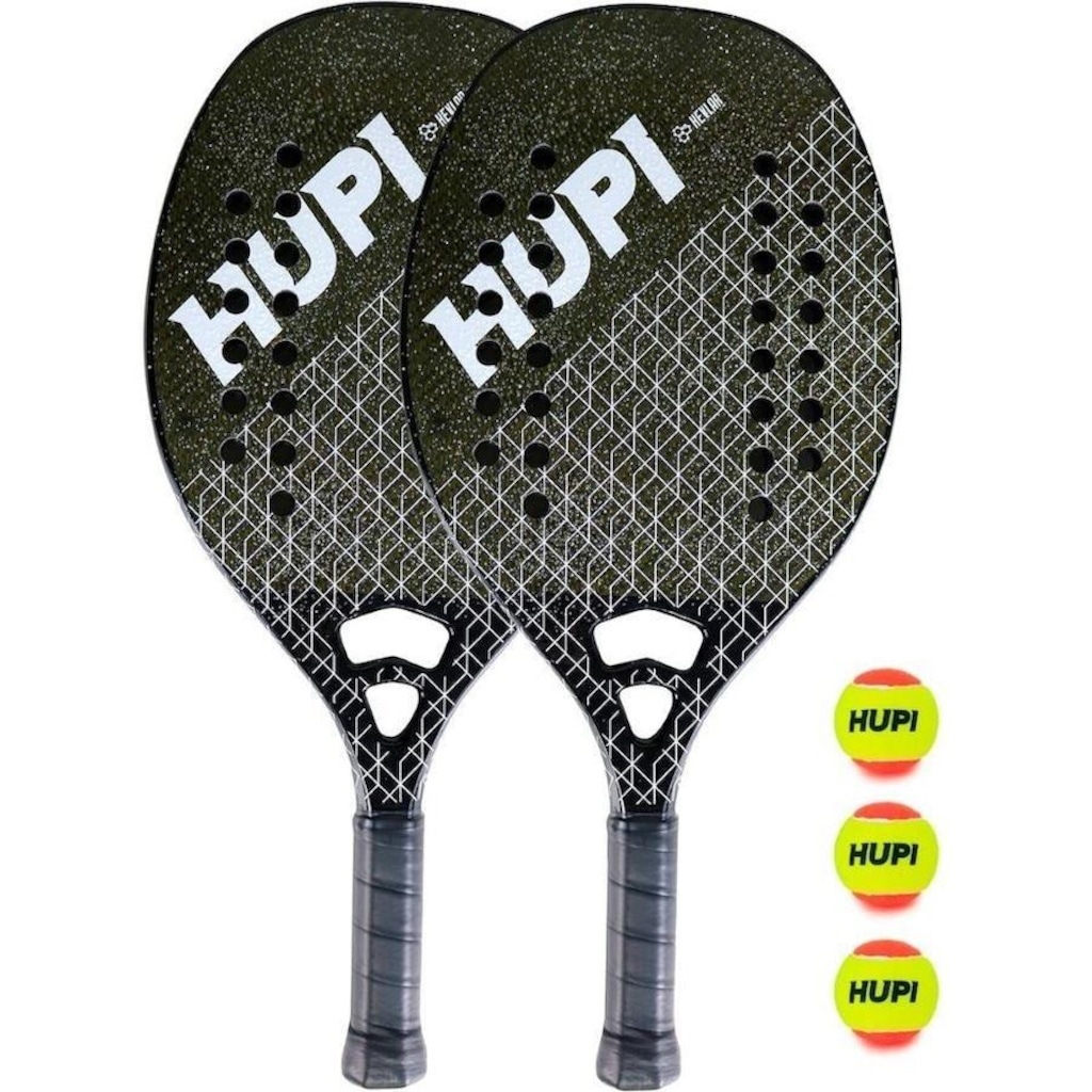 Kit 2 Raquetes Beach Tennis HUPI Net Pro Kevlar + 3 Bolas