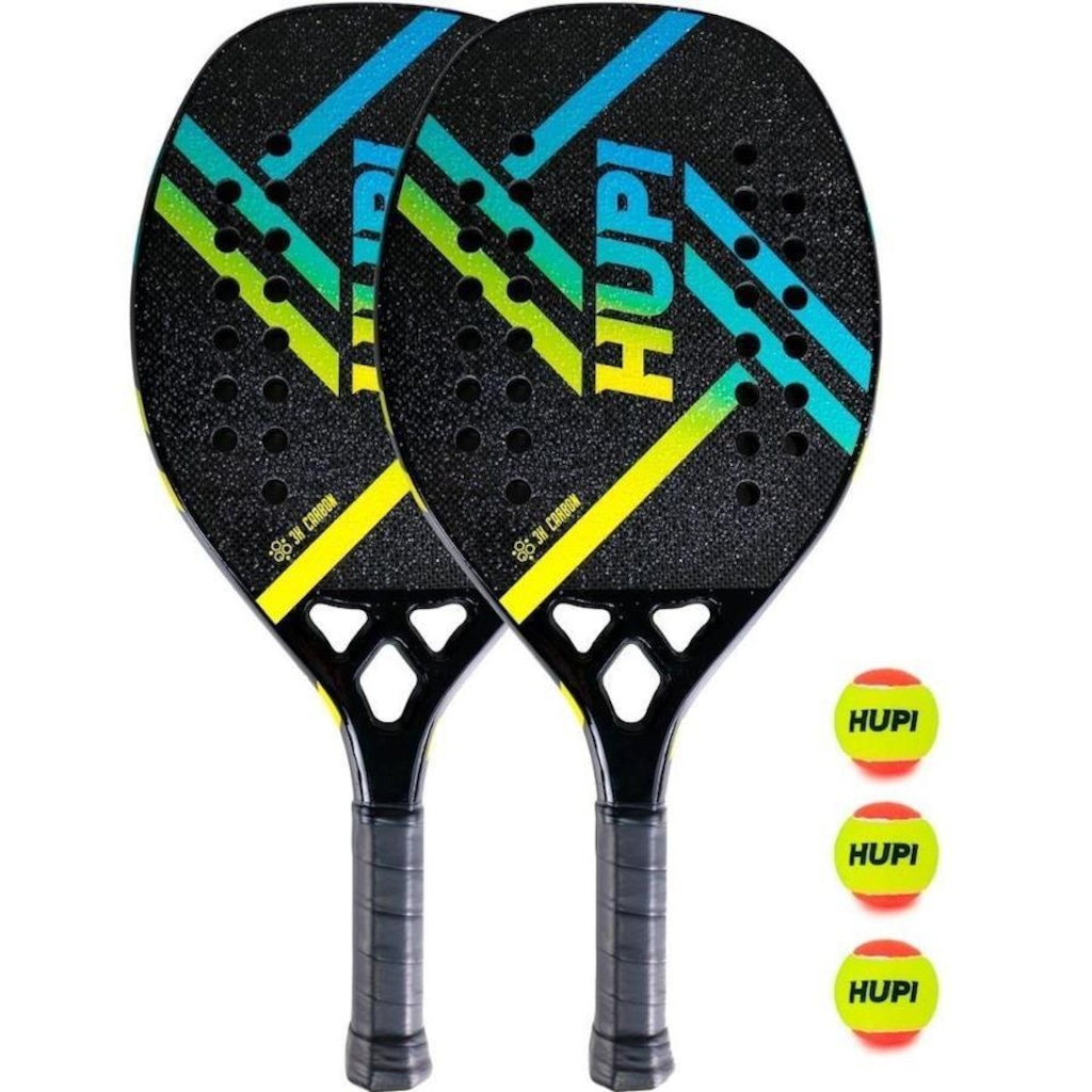 Kit 2 Raquetes Beach Tennis HUPI Doha Carbon 3K com Bolsa + 3 Bolas