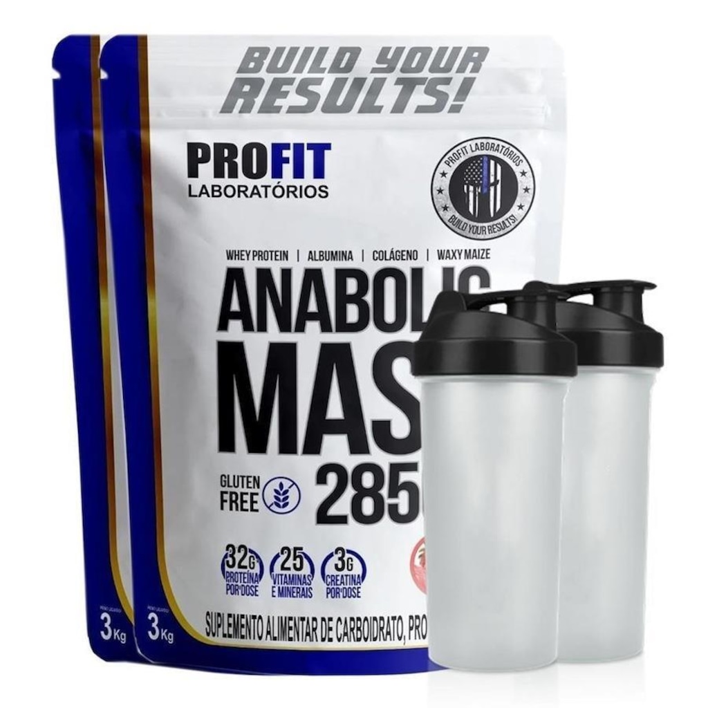 Combo 2 Hipercalorico Profit Anabolic Mass 28500 - Morango - 3kg + 2 Coqueteleira - Foto 1