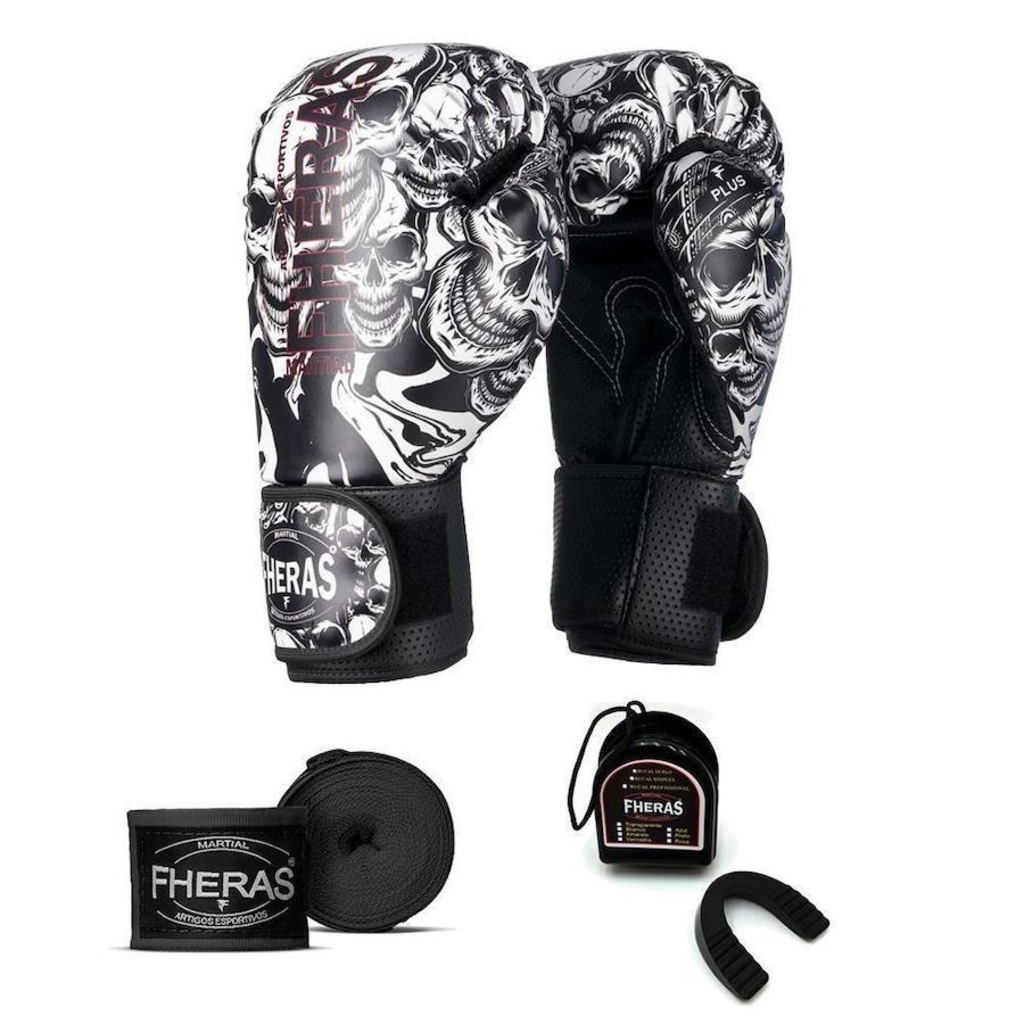 Kit de Boxe Muay Thai Fheras: Luvas + Bandagem + Protetor Bucal Top Caveira Top Caveira 10 Oz - Adulto - Foto 1